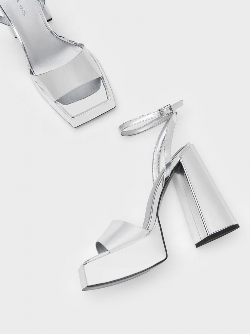 Sandale Cu Curea Charles & Keith Metallic Platforma Ankle Argintii | 436SUGPOL