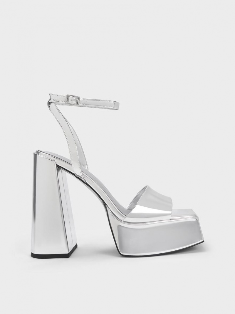Sandale Cu Curea Charles & Keith Metallic Platforma Ankle Argintii | 436SUGPOL