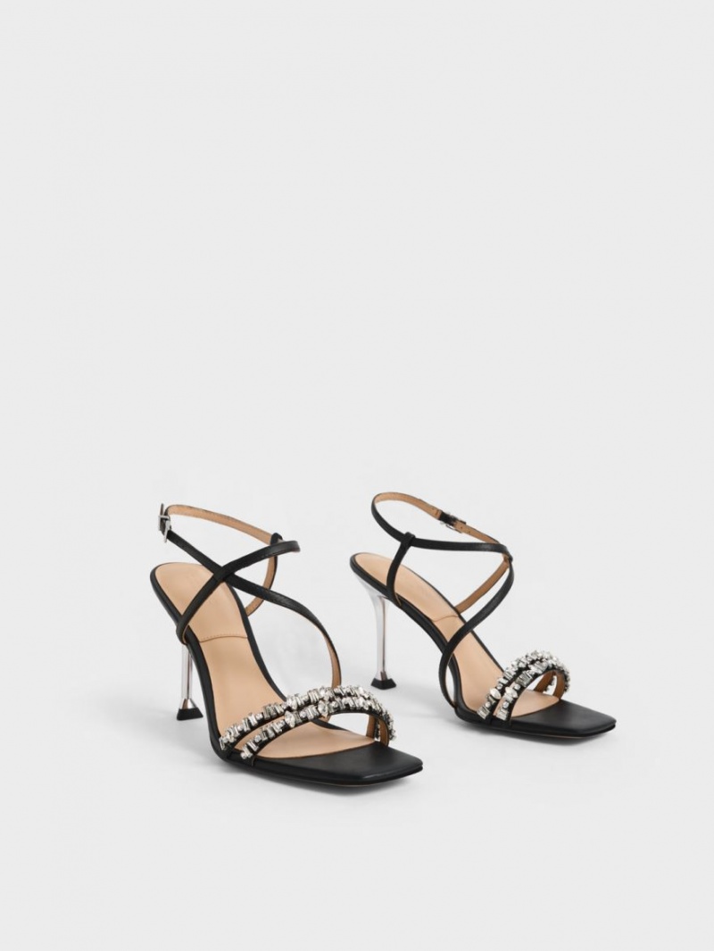 Sandale Cu Curea Charles & Keith Piele Gem-Embellished Negrii | 062MZJLHK