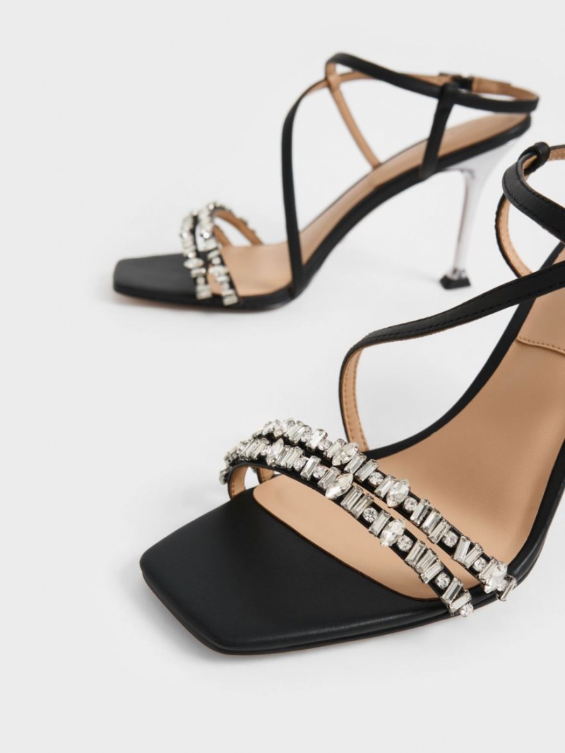 Sandale Cu Curea Charles & Keith Piele Gem-Embellished Negrii | 062MZJLHK