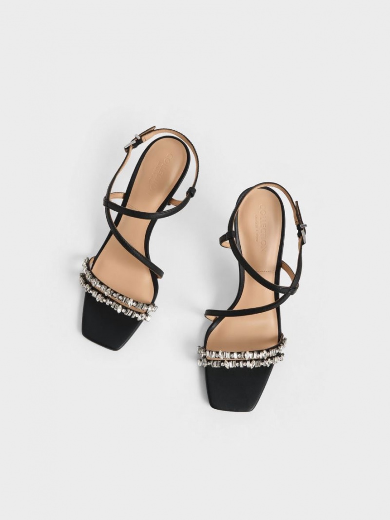 Sandale Cu Curea Charles & Keith Piele Gem-Embellished Negrii | 062MZJLHK