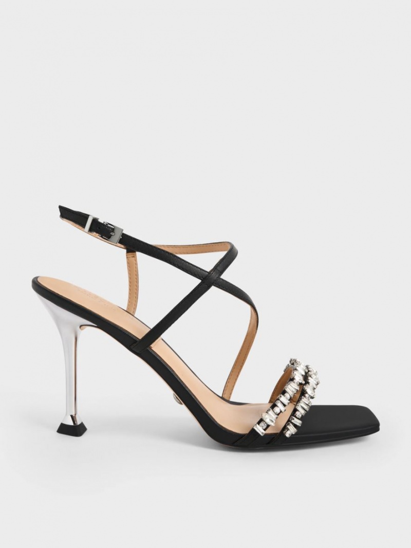 Sandale Cu Curea Charles & Keith Piele Gem-Embellished Negrii | 062MZJLHK