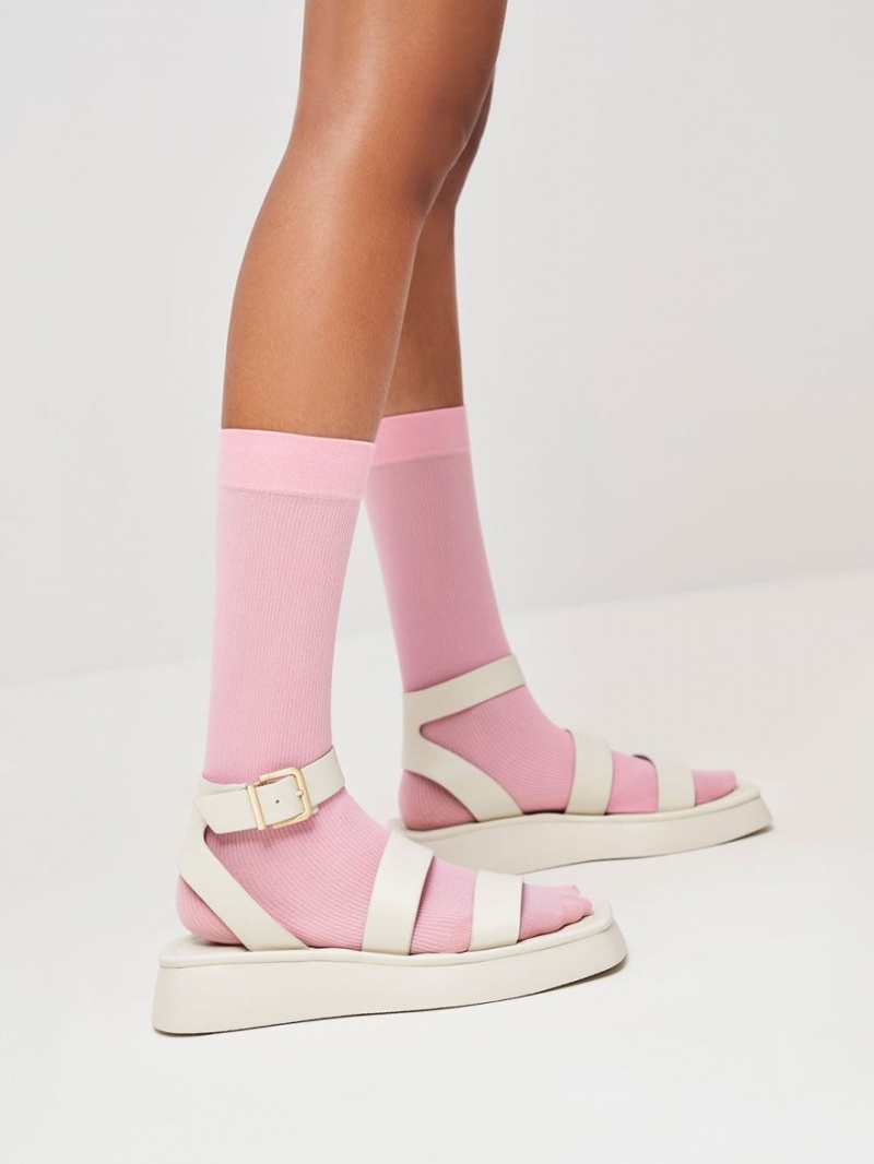 Sandale Cu Curea Charles & Keith Square Bombeu Ankle Albi | 956MFKNRT