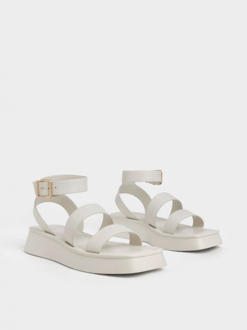 Sandale Cu Curea Charles & Keith Square Bombeu Ankle Albi | 956MFKNRT