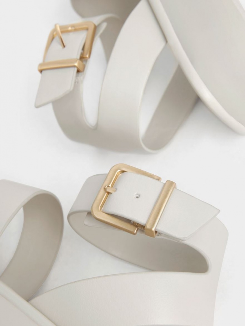 Sandale Cu Curea Charles & Keith Square Bombeu Ankle Albi | 956MFKNRT
