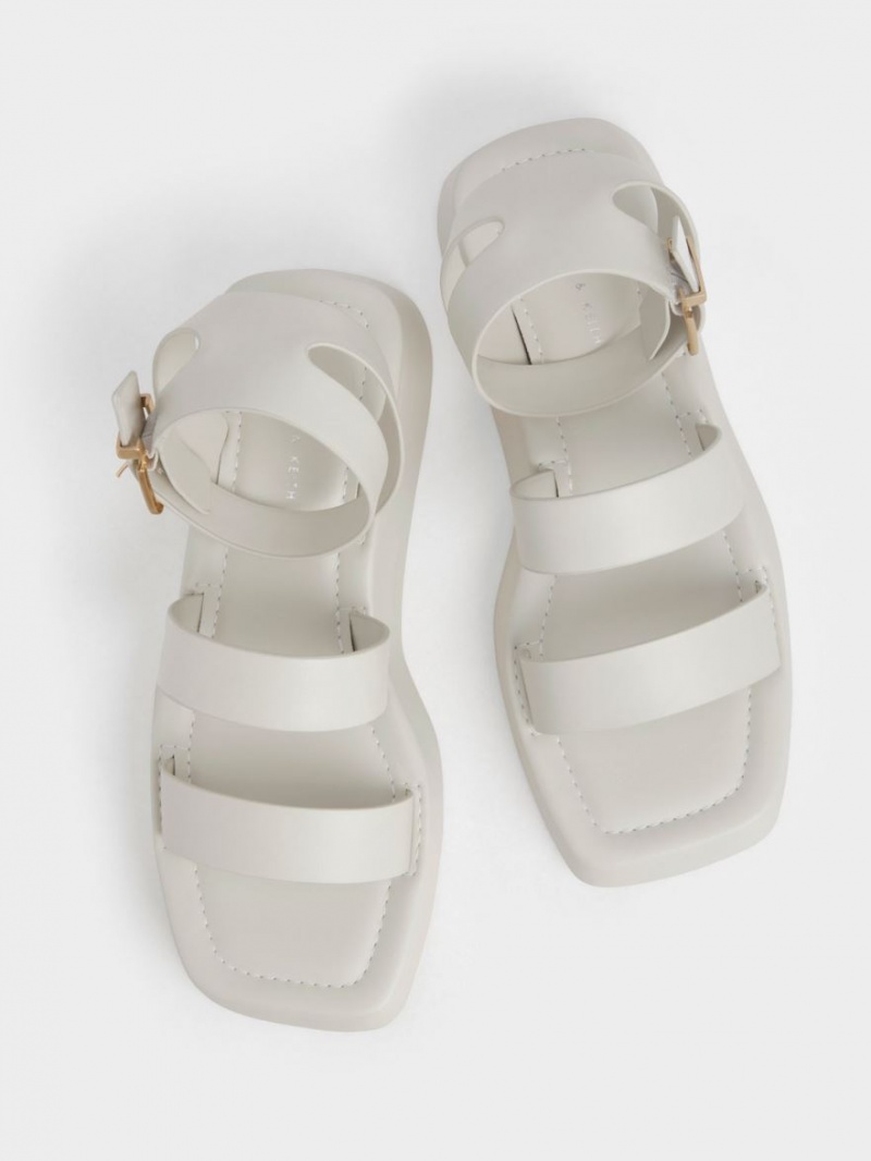 Sandale Cu Curea Charles & Keith Square Bombeu Ankle Albi | 956MFKNRT