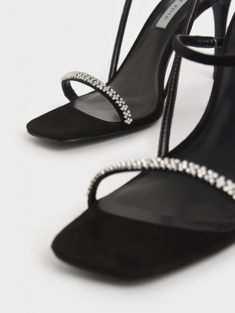 Sandale Cu Curea Charles & Keith Textured Gem-Embellished Negrii | 506WUYKIG