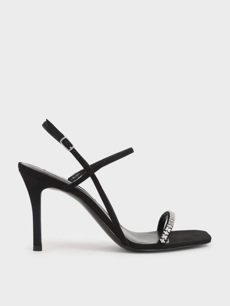 Sandale Cu Curea Charles & Keith Textured Gem-Embellished Negrii | 506WUYKIG