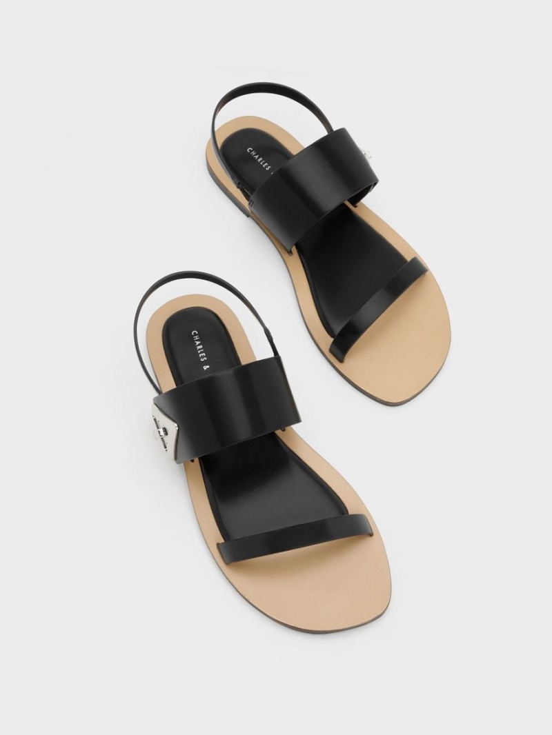 Sandale Cu Curea Charles & Keith Trice Metallic Accent Double Negrii | 379HSKWJU