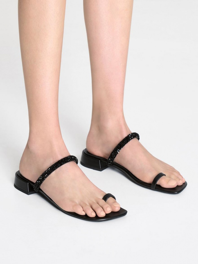 Sandale Plate Charles & Keith Beaded Bombeu-Ring Negrii | 752XJNQDZ