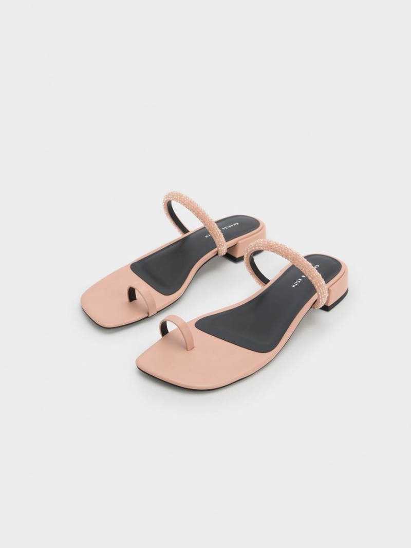 Sandale Plate Charles & Keith Beaded Bombeu-Ring Bej | 376DHRETB
