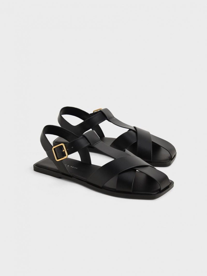 Sandale Plate Charles & Keith Cu Bretele Crossover Negrii | 179DKTXSO