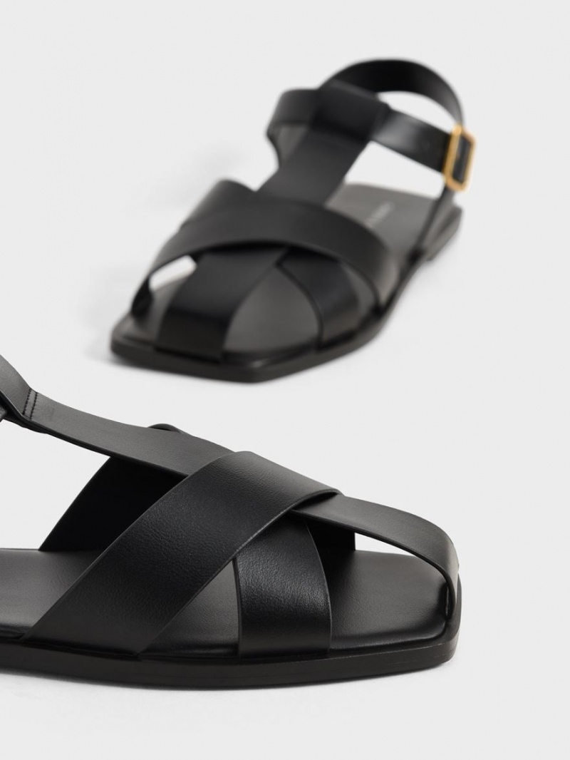 Sandale Plate Charles & Keith Cu Bretele Crossover Negrii | 179DKTXSO