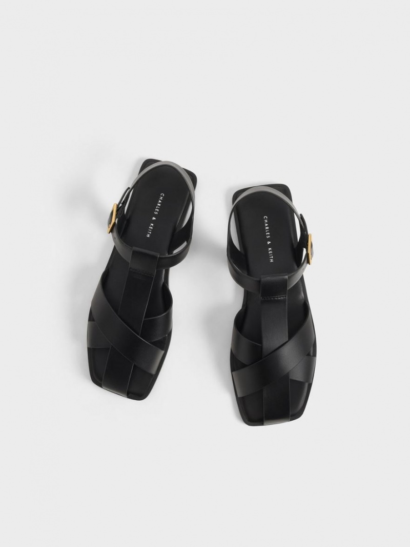 Sandale Plate Charles & Keith Cu Bretele Crossover Negrii | 179DKTXSO