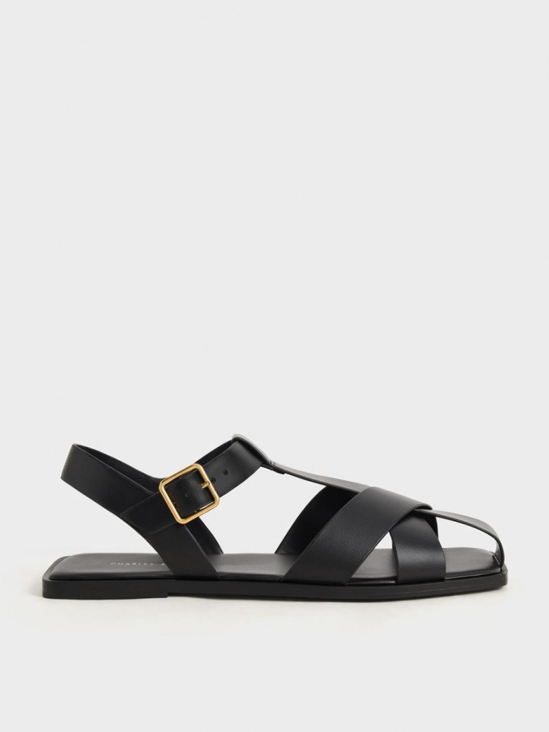 Sandale Plate Charles & Keith Cu Bretele Crossover Negrii | 179DKTXSO