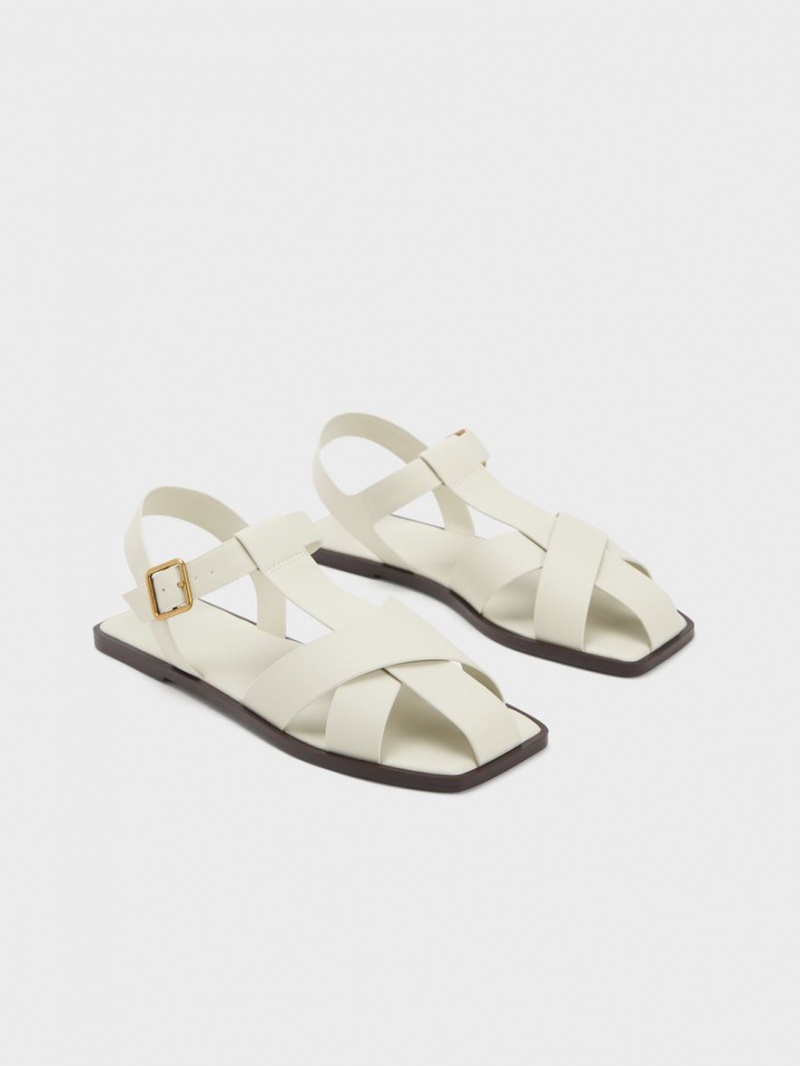 Sandale Plate Charles & Keith Cu Bretele Crossover Albi | 460WKVBJD