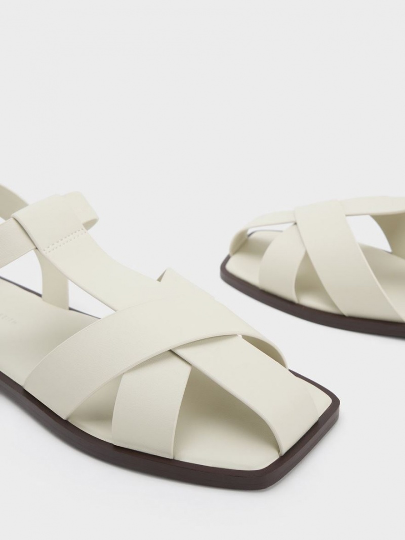 Sandale Plate Charles & Keith Cu Bretele Crossover Albi | 460WKVBJD