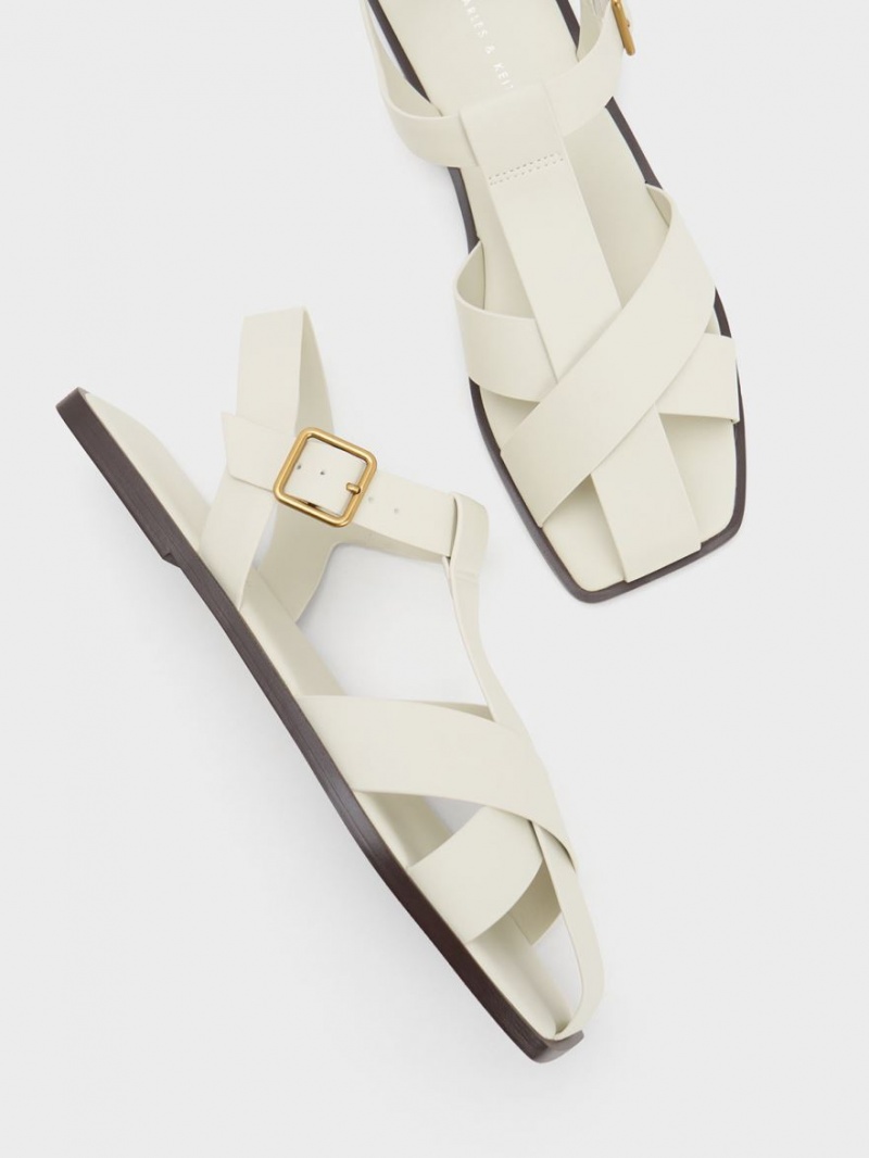 Sandale Plate Charles & Keith Cu Bretele Crossover Albi | 460WKVBJD