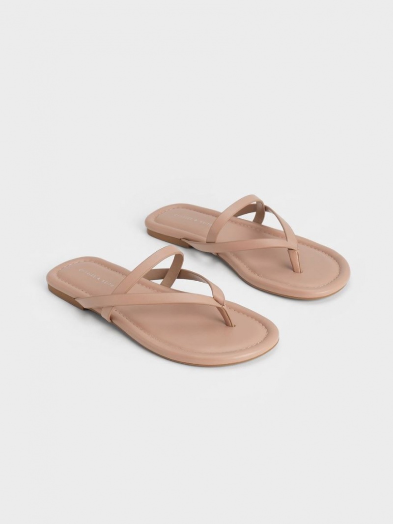 Sandale Plate Charles & Keith Cu Bretele Tanga Bej | 456DPRAQL