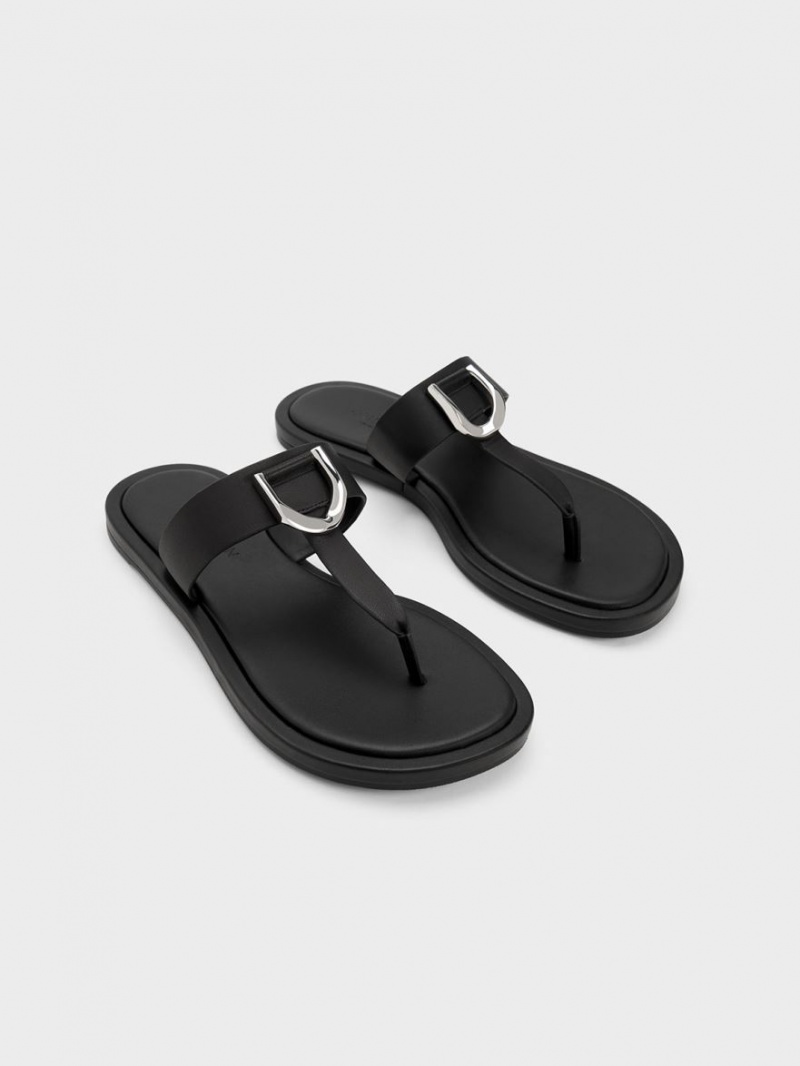 Sandale Plate Charles & Keith Gabine Piele Tanga Negrii | 049DAVOJW