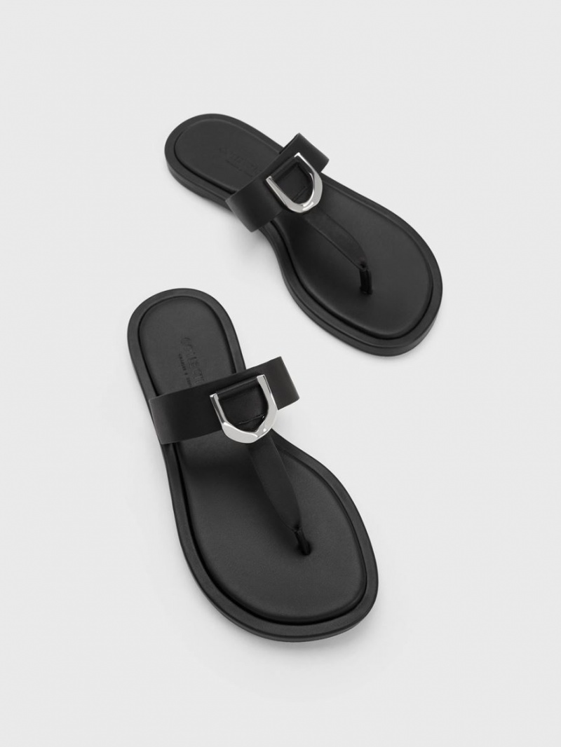Sandale Plate Charles & Keith Gabine Piele Tanga Negrii | 049DAVOJW