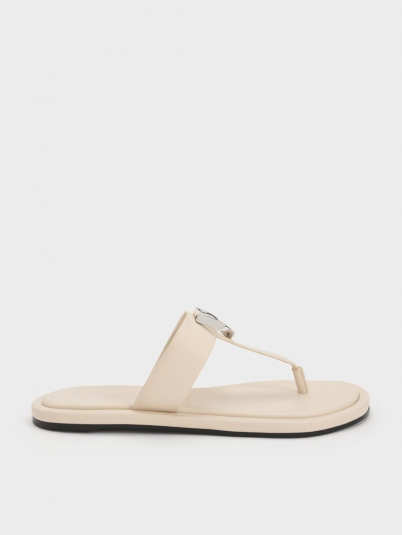 Sandale Plate Charles & Keith Gabine Piele Tanga Albi | 574VRJWAP