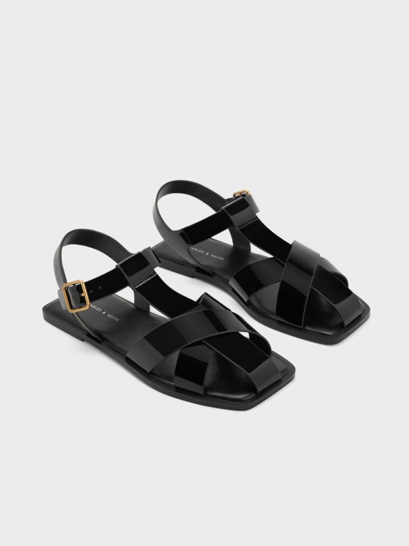 Sandale Plate Charles & Keith Lacuita Cu Bretele Crossover Negrii | 368SLWJQE