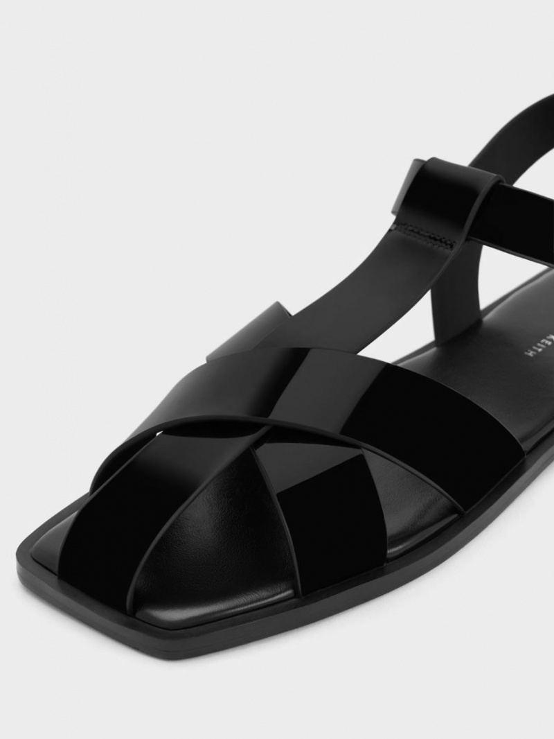 Sandale Plate Charles & Keith Lacuita Cu Bretele Crossover Negrii | 368SLWJQE