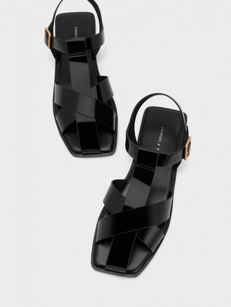 Sandale Plate Charles & Keith Lacuita Cu Bretele Crossover Negrii | 368SLWJQE