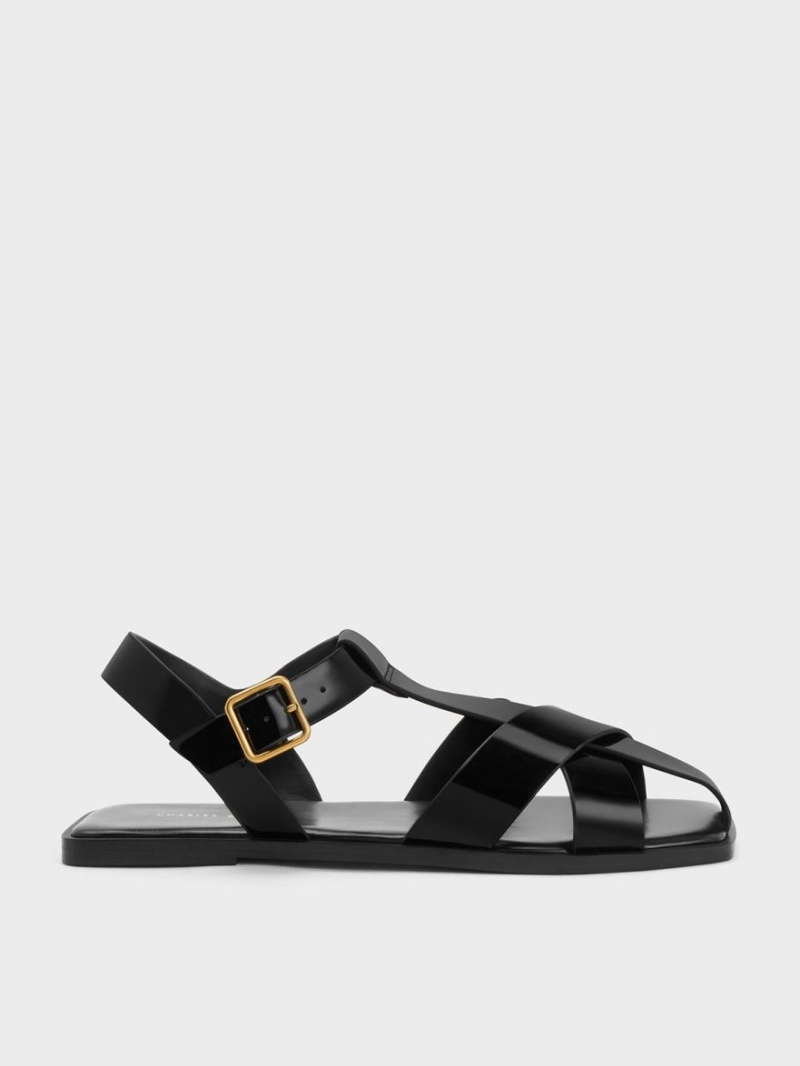 Sandale Plate Charles & Keith Lacuita Cu Bretele Crossover Negrii | 368SLWJQE