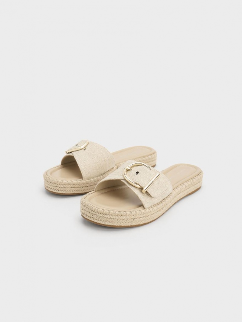 Sandale Plate Charles & Keith Linen Buckled Espadrile Bej | 964NXGHER