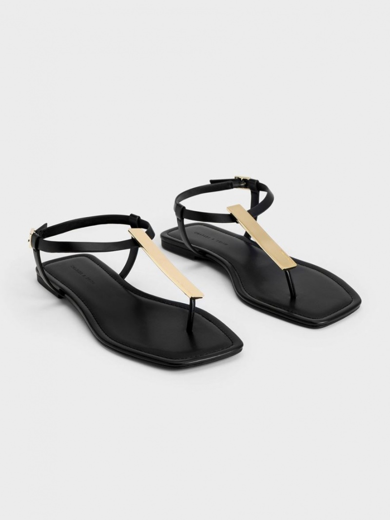 Sandale Plate Charles & Keith Metallic Accent T-Bar Tanga Negrii | 361XDACOP