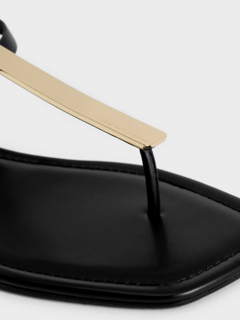 Sandale Plate Charles & Keith Metallic Accent T-Bar Tanga Negrii | 361XDACOP