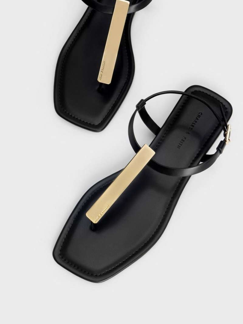 Sandale Plate Charles & Keith Metallic Accent T-Bar Tanga Negrii | 361XDACOP