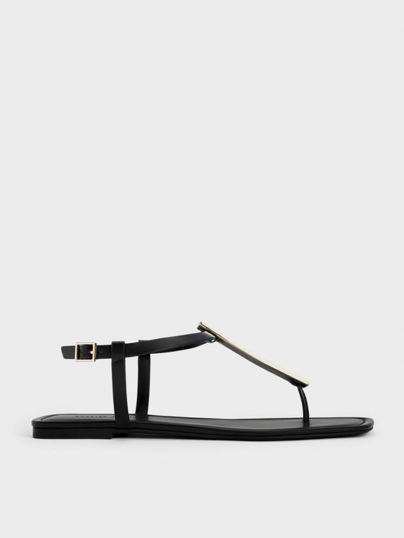 Sandale Plate Charles & Keith Metallic Accent T-Bar Tanga Negrii | 361XDACOP