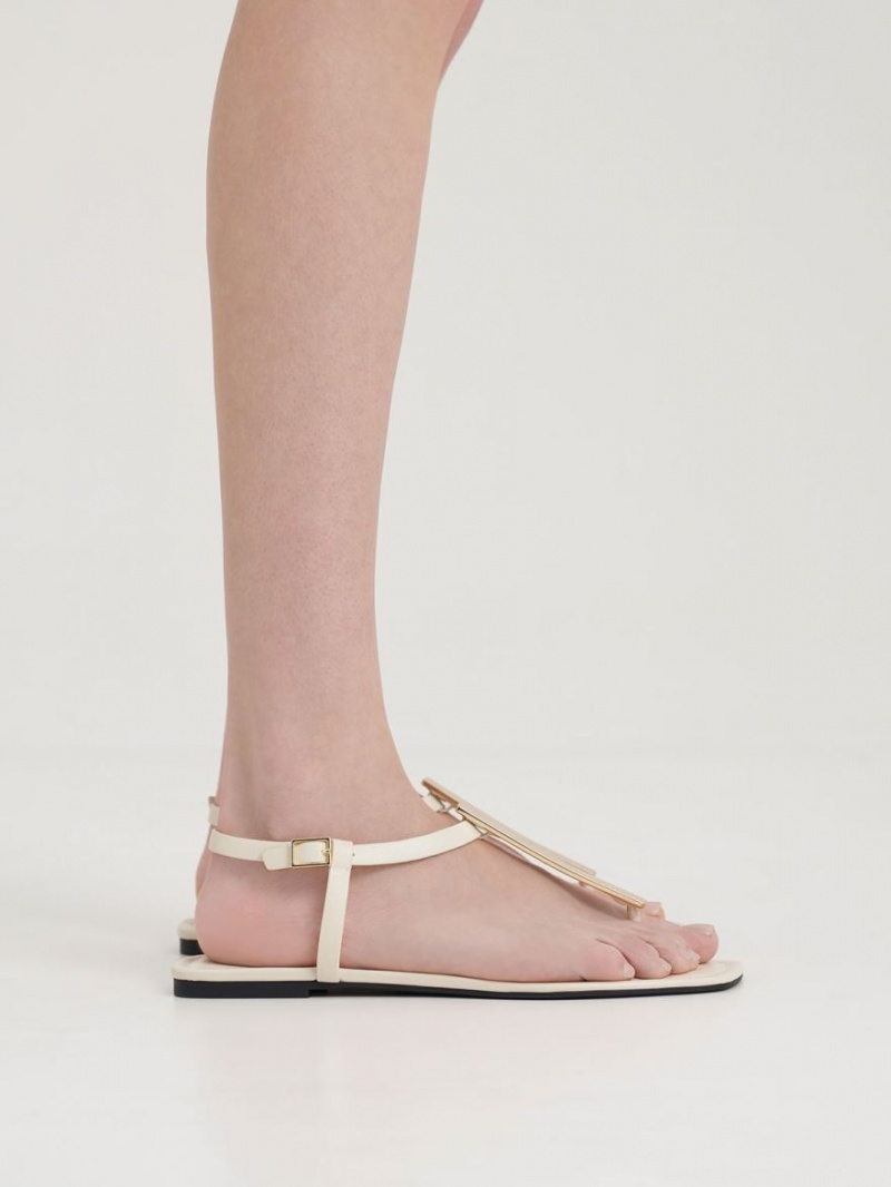 Sandale Plate Charles & Keith Metallic Accent T-Bar Tanga Albi | 950CURJQM