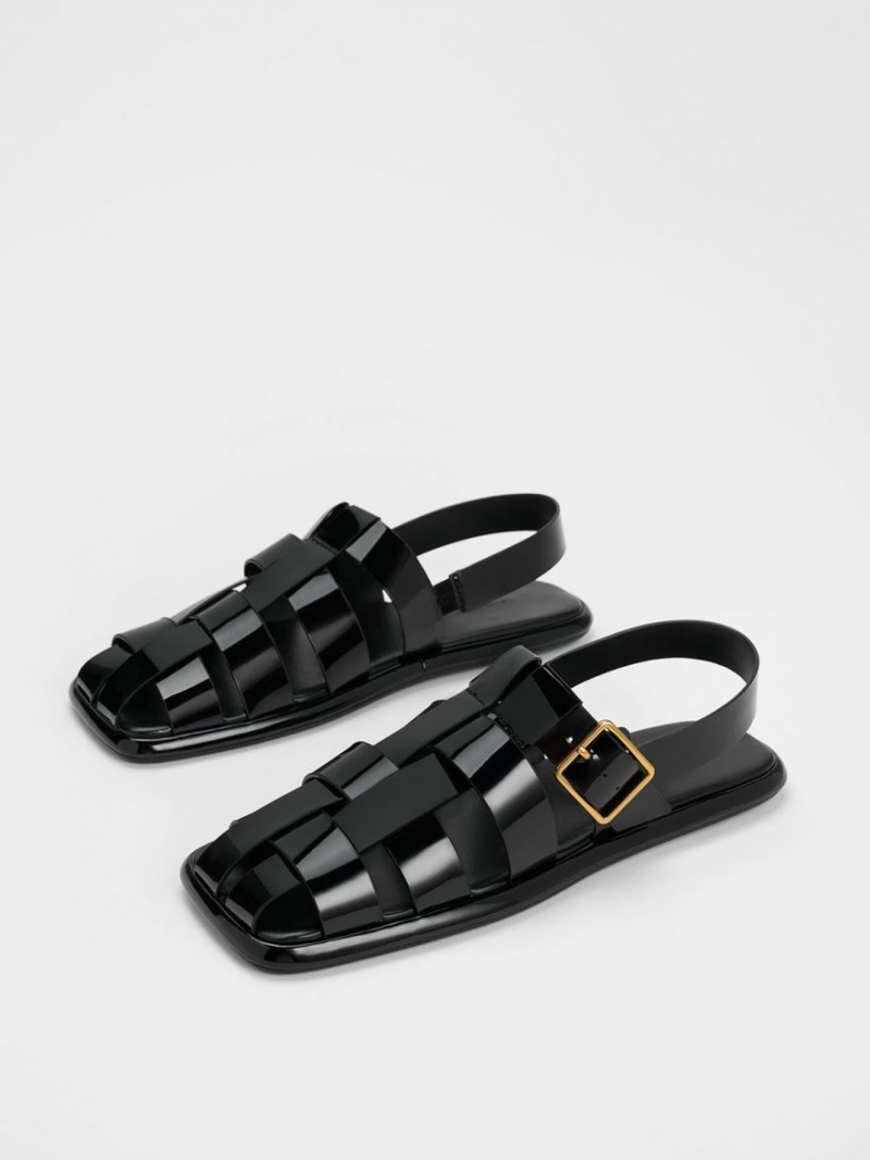 Sandale Plate Charles & Keith Metallic Cu Catarama Caged Lacuita Slingback Negrii | 189AIBZPU