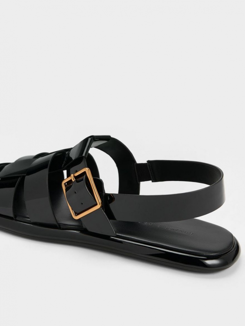 Sandale Plate Charles & Keith Metallic Cu Catarama Caged Lacuita Slingback Negrii | 189AIBZPU