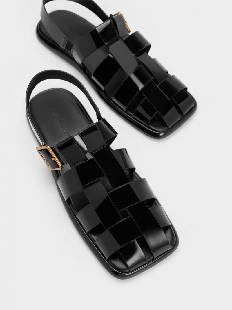 Sandale Plate Charles & Keith Metallic Cu Catarama Caged Lacuita Slingback Negrii | 189AIBZPU