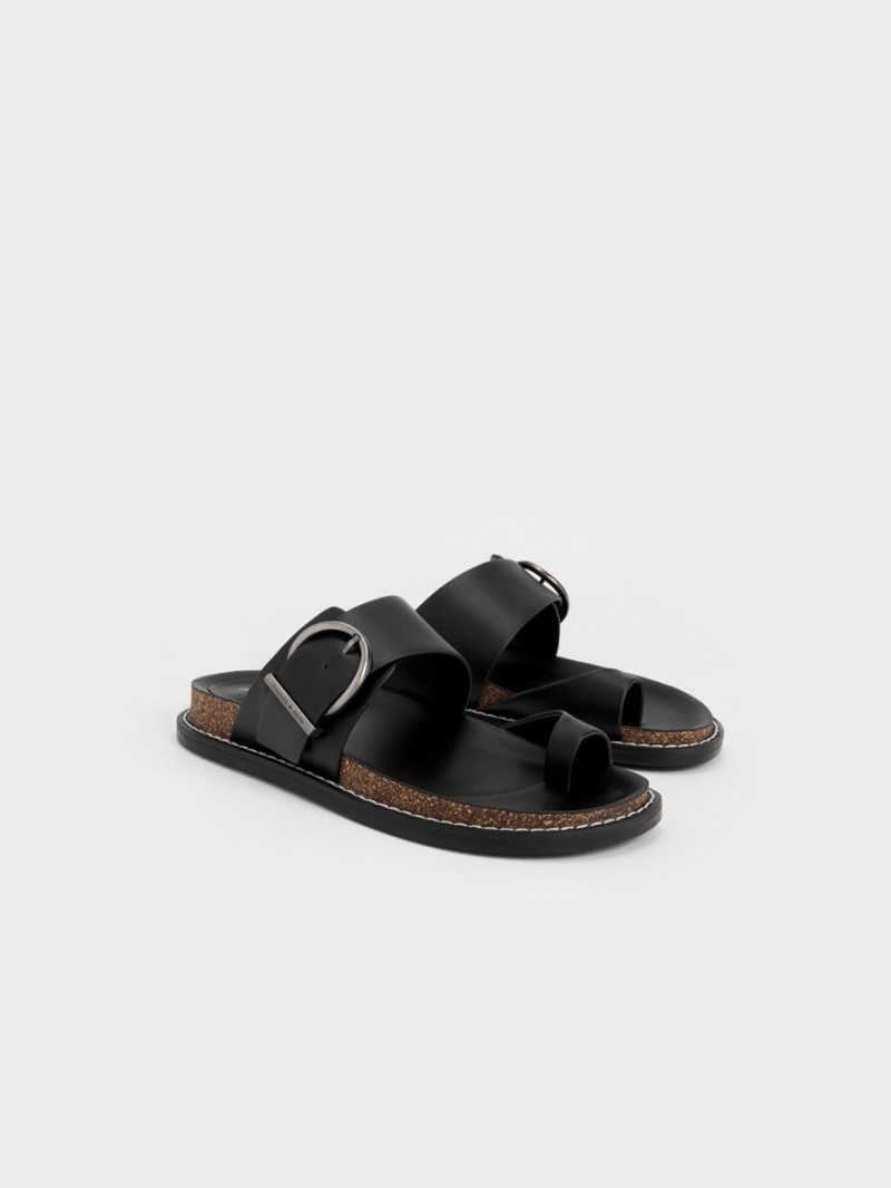 Sandale Plate Charles & Keith Metallic Cu Catarama Bombeu-Ring Negrii | 451NVEKYC
