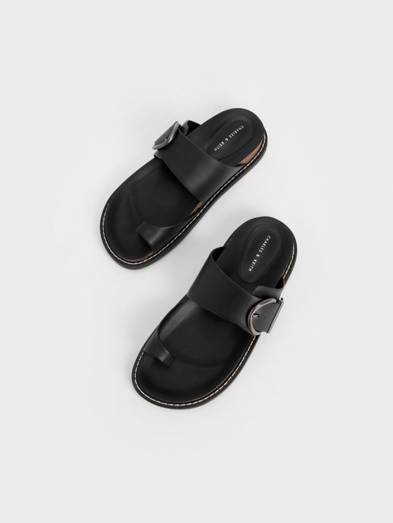 Sandale Plate Charles & Keith Metallic Cu Catarama Bombeu-Ring Negrii | 451NVEKYC