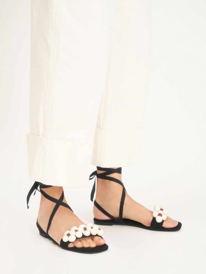 Sandale Plate Charles & Keith Pom Pom Tie-Around Negrii | 483VYZBHU