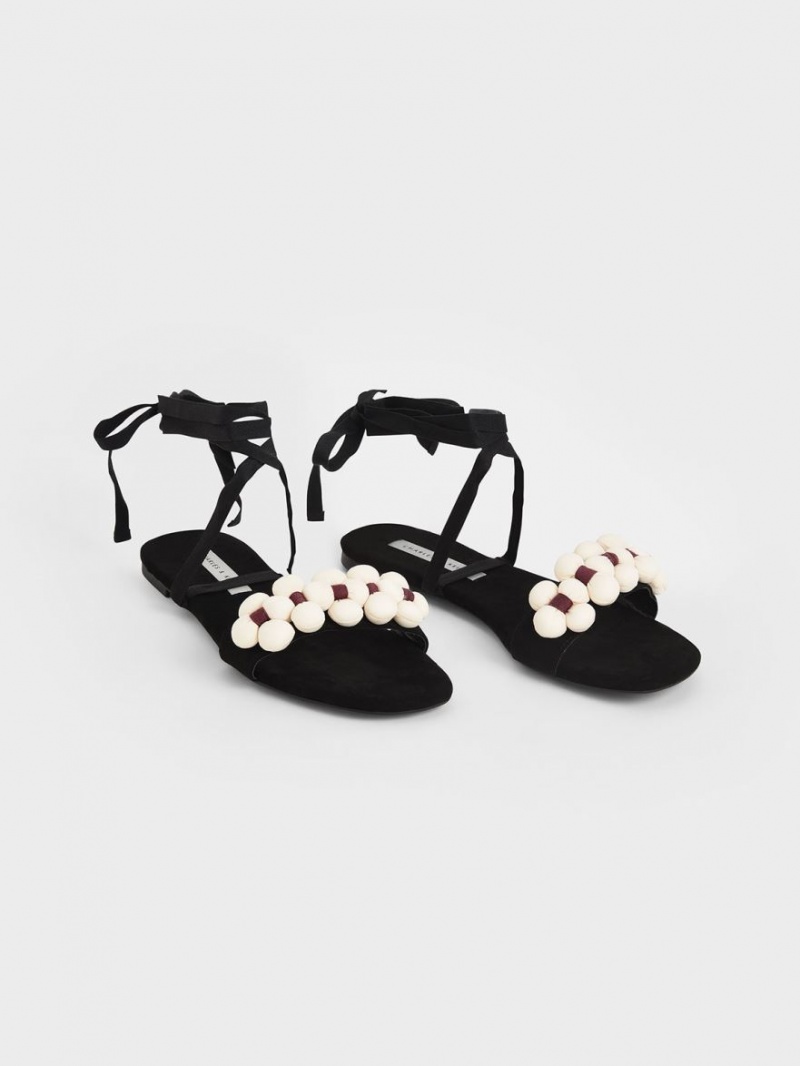 Sandale Plate Charles & Keith Pom Pom Tie-Around Negrii | 483VYZBHU