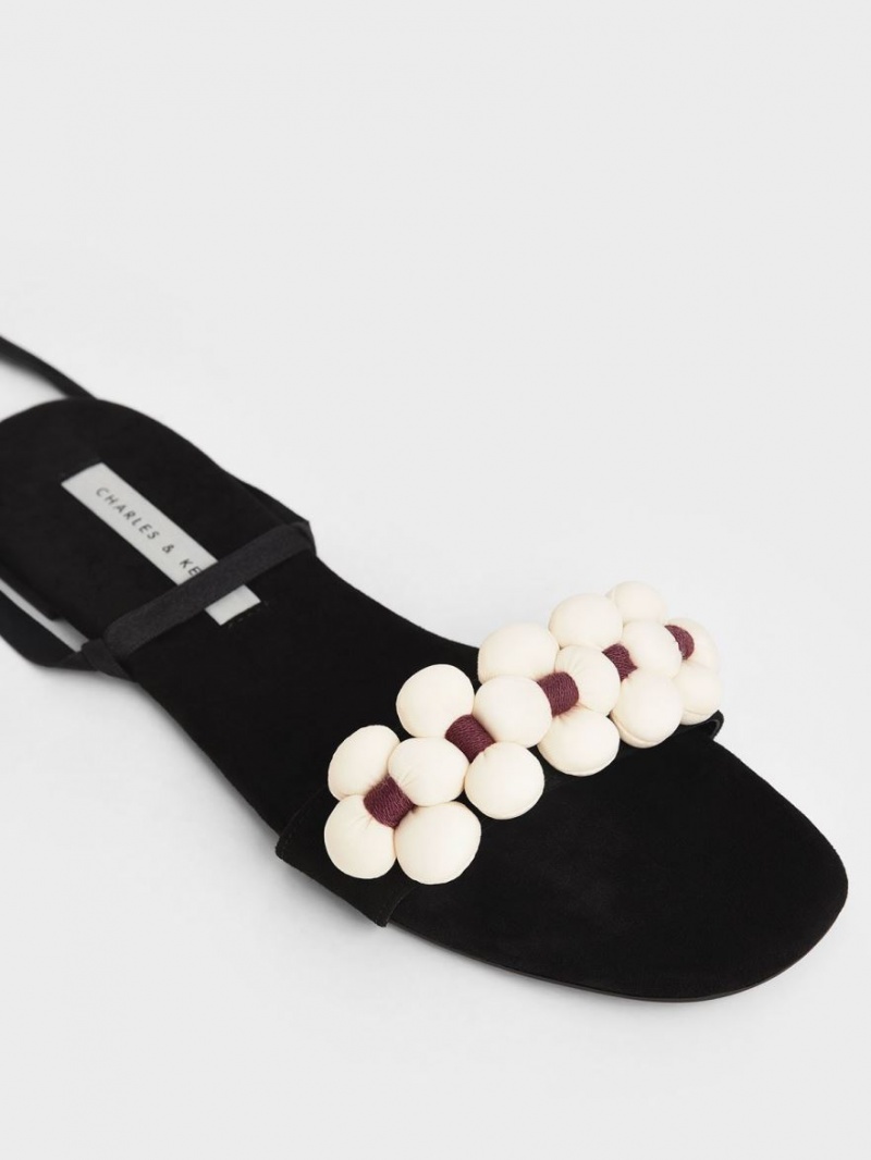 Sandale Plate Charles & Keith Pom Pom Tie-Around Negrii | 483VYZBHU