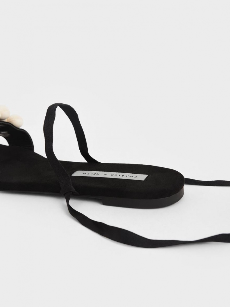 Sandale Plate Charles & Keith Pom Pom Tie-Around Negrii | 483VYZBHU