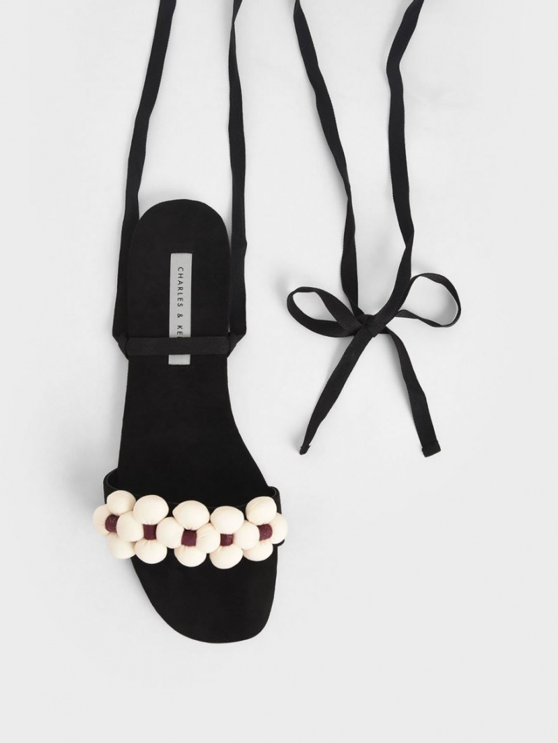 Sandale Plate Charles & Keith Pom Pom Tie-Around Negrii | 483VYZBHU