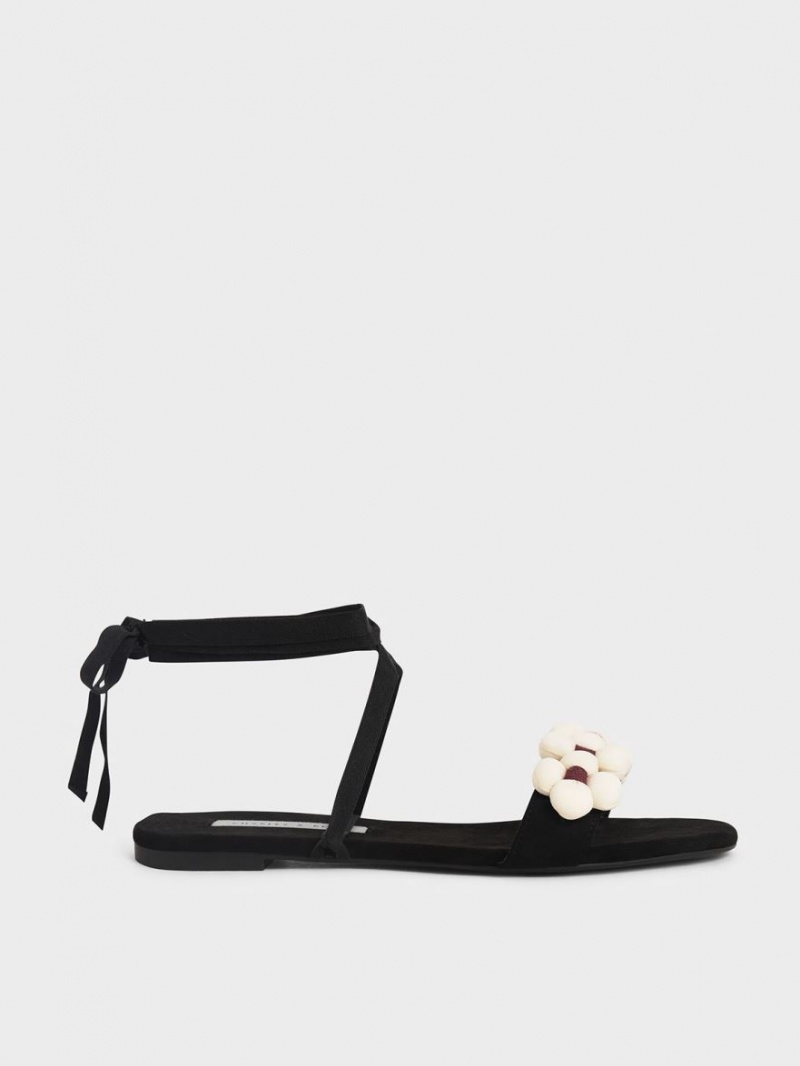 Sandale Plate Charles & Keith Pom Pom Tie-Around Negrii | 483VYZBHU