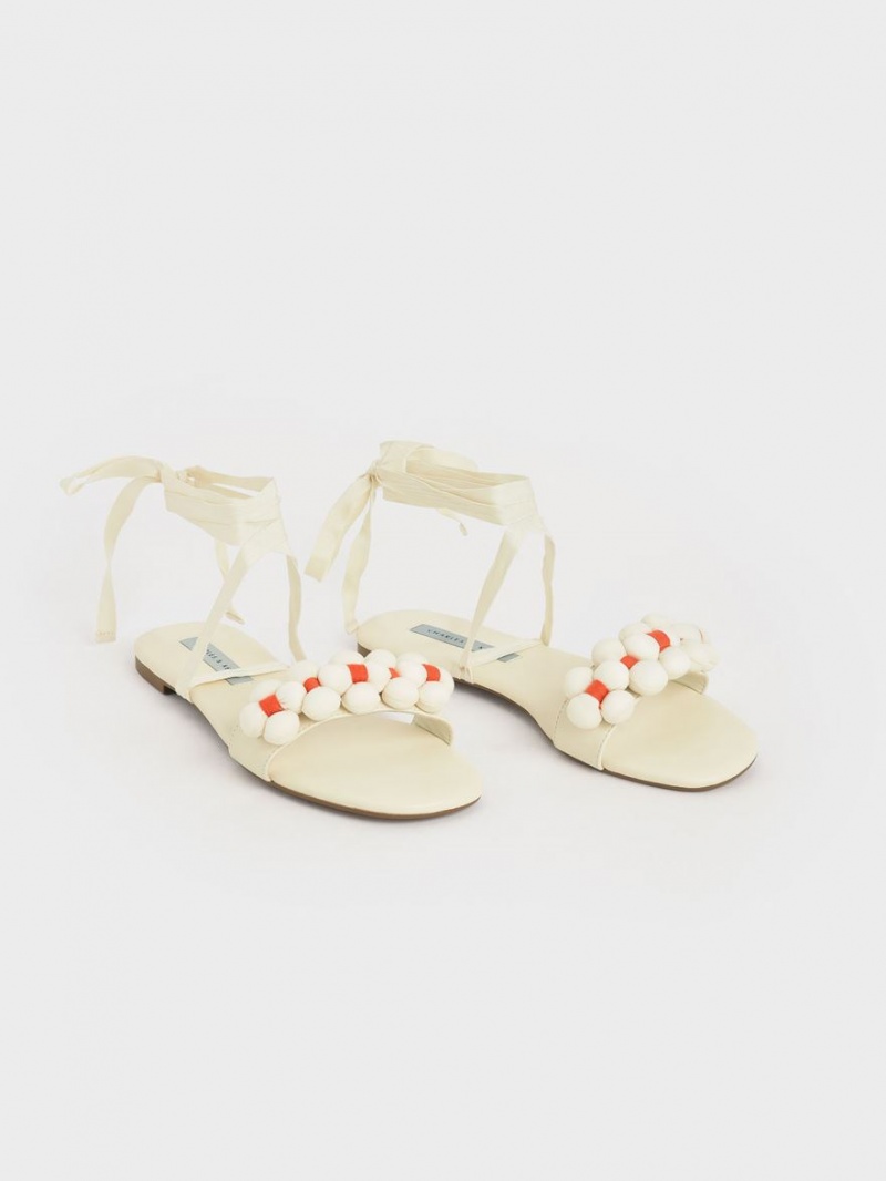 Sandale Plate Charles & Keith Pom Pom Tie-Around Albi | 305HRPAMS