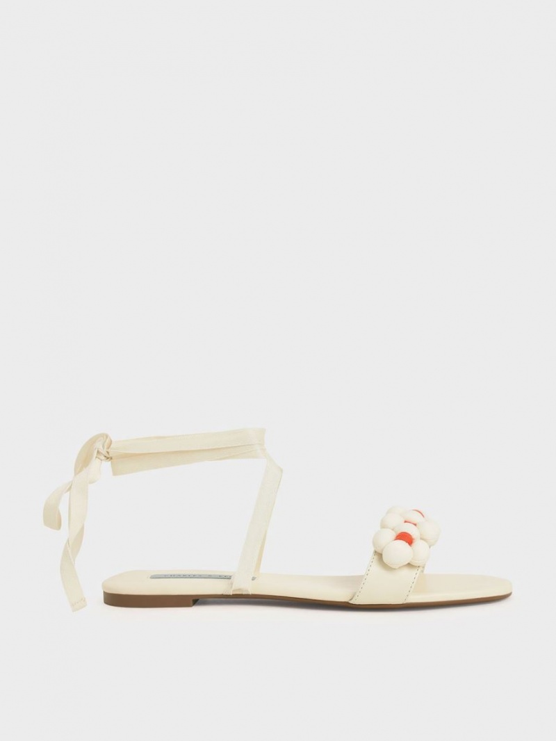 Sandale Plate Charles & Keith Pom Pom Tie-Around Albi | 305HRPAMS
