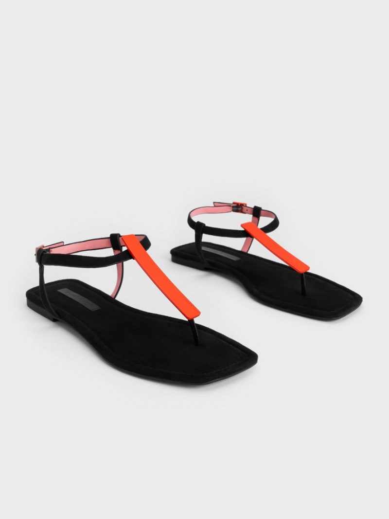 Sandale Plate Charles & Keith Textured Metallic Accent T-Bar Tanga Negrii | 970HWVTLO